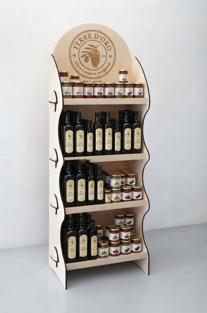 espositore smontabile in legno con ripiani
